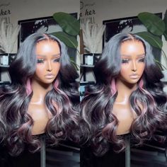 UStyleHair Black Body Wave Wig with Pink Highlights Heat Resistant Synthetic Lace Front Wig Daily Wig With Pink Highlights, Black Body Wave Wig, Pink Highlights, Wave Wig, Body Wave Wig, Synthetic Lace Front Wigs, Black Body, Lace Front Wig, Body Wave