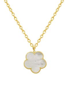 JanKuo Clover Mother-Of-Pearl 14K Goldplated Pendant Necklace on SALE | Saks OFF 5TH White Pearl Tarnish Resistant Jewelry, White Gold-plated Pearl Necklace For Anniversary, White Tarnish-resistant Pearl Jewelry, Gold Mother Of Pearl Flower Pendant Jewelry, Classic Gold Necklace With Mother Of Pearl, Gold Pearl Necklace With Flower Pendant, Birkenstock Sandals Arizona, Clover Pendant, Clover Necklace