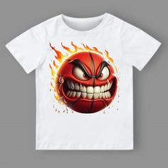 a white t - shirt with an angry face on the front and flames in the back