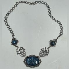 Antique Art Deco Sterling Silver 925 Blue Carved Sodalite Marcasite Necklace. There Are A Couple Marcasite Stones Missing, See Pictures. Please Review Pictures Closely, You Will Receive The Exact Item Pictured. Xp Antique Art Deco, Silver Blue, Antique Art, See Picture, Silver 925, Womens Jewelry Necklace, Art Deco, Jewelry Necklaces, 925 Sterling Silver