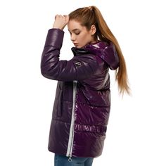 This women's jacket is made from two types of raincoat fabric, featuring a straight silhouette with set-in sleeves. Key details include: Collar: Stand-up collar. Hood: Detachable hood with a zipper. Outer Fabric: Laca fabric insulated with silicone. Lining: 100% nylon. Decoration: The jacket is adorned with silver zipper tape, a patch on the sleeve, a decorative elastic band along the back seam, and decorative zippers on the side seams. Pockets: Welt pockets. Closure: Zipper closure. Sleeve Length: 65 cm. Back Length: 70 cm. Fabric Composition: 100% polyester. This jacket combines functionality and style with its unique design elements and practical features, perfect for transitional weather. Purple Puffer Jacket, Womens Jackets, Silver Zipper, Padded Coat, Key Details, Detachable Hood, Down Coat, Welt Pockets, Puffer Jacket