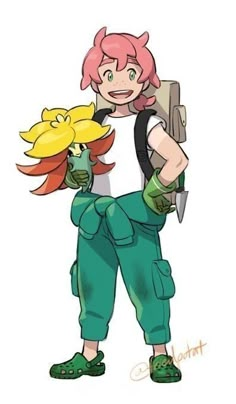 a cartoon character with pink hair and green pants, holding a yellow flower in her hand