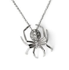 "Introducing the captivating Limited Edition Spider Pendant, a stunning embodiment of creativity and self-determination. Crafted with meticulous attention to detail, this exquisite piece features 13 brilliant-cut round diamonds, pave set in 14k white gold. The Spider pendant itself measures an impressive 28mm x 22mm, making it a striking statement piece that is sure to draw attention. Suspended from a sleek and elegant 15\" - 16\" 14k gold chain, this pendant rests perfectly on the wearer's déco Evening Single Cut Diamond Necklace, Luxury Silver Diamond Necklace With Single Cut Diamonds, Single Cut Diamond Jewelry In Platinum For Evening, Evening Platinum Jewelry With Single Cut Diamonds, Fine Jewelry Diamond Necklace For Evening, Brilliant Cut White Gold Diamond Necklace For Evening, Evening Brilliant Cut White Gold Diamond Necklace, Evening Platinum Jewelry In Diamond White, Evening Jewelry In Diamond White Platinum