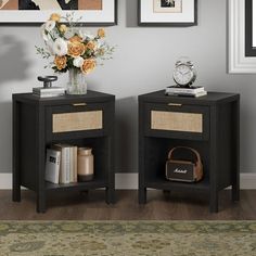 two black nightstands with baskets and flowers on them