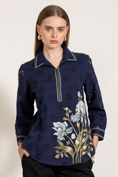 Navy blue cutwork shirt with Windows of the World print. - Aza Fashions Fitted Floral Embroidery Top With Collared Neckline, Designer Embroidered Collared Tops, Collared Floral Embroidery Top For Work, Collared Top With Floral Embroidery For Work, Designer Collared Tops With Floral Print, Designer Cotton Tops With Floral Print, Spring Cotton Tops With Cutwork, Designer Cotton Top With Collared Neckline, Designer Cotton Tops With Collared Neckline