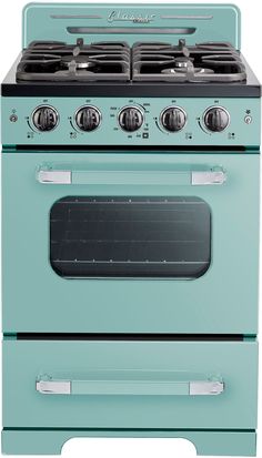 a blue stove top oven with two burners and one door on the front side