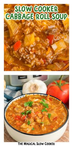 slow cooker cabbage roll soup in a bowl with the title above it and an image of