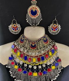 neckles earing headpiece Festival Costume Jewelry Choker, Multicolor Heavy Jewelry For Celebration, Multicolor Celebration Jewelry, Multicolor Metal Jewelry For Festivals, Handmade Bollywood Metal Jewelry, Multicolor Temple Jewelry With Jewels, Handmade Metal Bollywood Jewelry, Bohemian Kundan Necklace With Mirror Work, Bohemian Kundan Necklace With Tilla