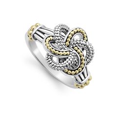 Bands of 18K Gold and Sterling Silver Caviar beading form this love knot ring. Love Knot Ring, Sculptural Jewelry, Local Jewelry, Knot Ring, Beaded Top, Love Knot, Ring Size Guide, Dream Jewelry, Womens Jewelry Rings