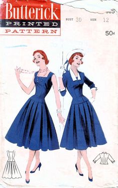 BUTTERICK 7315: Use this mid-1950s vintage sewing pattern for misses to sew a chic ensemble of sleeveless drop waist dress with full skirt and matching fitted jacket with detachable collar and cuffs. Scroll down to learn more about the size, condition, and garment details. SIZE INFORMATION: Misses Size 12  Bust 30 inches Waist 25 inches Hip 33 inches PATTERN CONDITION: COMPLETE, USED (instructions and all pattern pieces (cut and in excellent used condition)) GARMENT INFORMATION: Dress details: - Retro Fitted Sewing Pattern For Dressmaking, Vintage Fitted Sewing Pattern, 50s Sewing Patterns, Wedding Dresses Vintage 50s, Butterick Sewing Patterns, Patron Vintage, Vestidos Retro, Ladies Wear, Vintage Dress Patterns