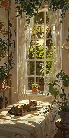 a painting of a cat laying on a bed in front of a window with potted plants