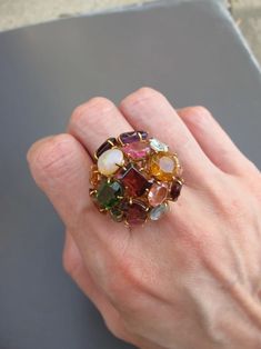 Vintage 18k Yellow Gold Multi Natural Gemstone Dome Ring - Etsy Antique Ring Box, Designer Diamond Jewellery, Multi Gemstone Ring, South Pasadena, Platinum Diamond Engagement Rings, Coral Ring, Dome Ring, Domed Ring, Gold Jewellery Design