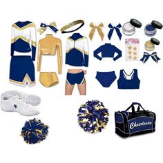 the cheerleader uniform is blue and white with gold trims, shoes, bag, sneakers, and other items