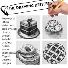 a hand holding a pencil drawing different types of desserts