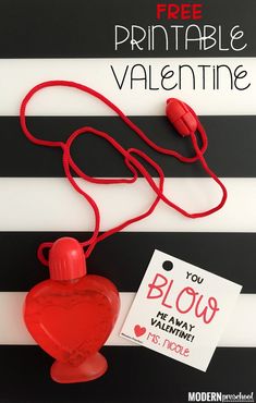 a valentine's day card with a red heart shaped bottle on it and a tag that says free printable valentines