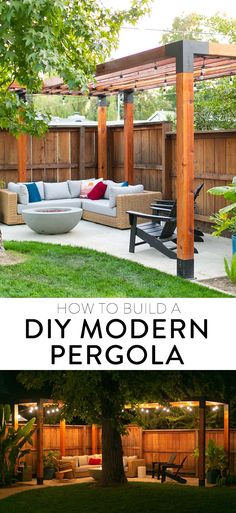 an outdoor living area with wooden pergola and couches in the back yard