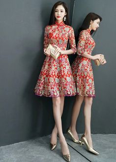 A-line qipao Red Silhouette, Red Qipao, Qipao Cheongsam, Qipao Dress, Cheongsam Dress, Elegant Red, Chinese Dress, Satin Material, Flowy Skirt