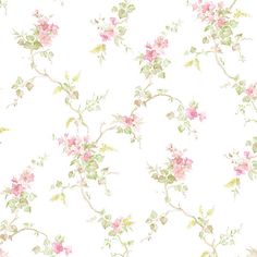 a white background with pink flowers and green leaves