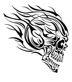 a black and white drawing of a skull with flames on it's head,