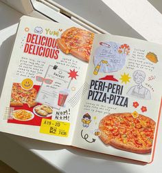 an open pizza cookbook with pictures of different types of pizzas and toppings