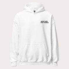 "Hello! We are new here, but ready to make a name for ourselves. Pete & Iver (eye-ver) is a place for the modern minimalist. Dedicated to simple, clean designs, we hope our pieces become your closet staples. You're new go-to hoodie that goes with everything. Black embroidered \"Work Hard. Stay Humble.\" on the left chest. Design is 4\" wide.  * Unisex Heavy Blend Hoodie | Gildan 18500 * 50% pre-shrunk cotton, 50% polyester * Fabric weight: 8.0 oz/yd² (271.25 g/m²) * Air-jet spun yarn with a soft Embroidered Hoodie With Relaxed Fit For Streetwear, Embroidered Relaxed Fit Hoodie For Streetwear, Streetwear Crew Hoodie With Embroidered Text, White Embroidered Hoodie For Streetwear, White Hoodie With Embroidered Text, Relaxed Fit, Sporty White Hoodie With Embroidered Text, White Sporty Hoodie With Embroidered Text, Streetwear Hoodie With Embroidered Text In Relaxed Fit, Relaxed Fit Hoodie With Embroidered Text For Streetwear