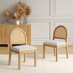 two chairs sitting next to each other on top of a white rug in front of a wooden cabinet