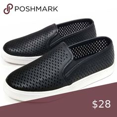 New Black Perforated Slip On Tennis Shoe Sneakers Be comfy and stylish in these laser cut low top sneakers  New in box Faux leatherette material Cutout design Lightly padded insole  Fitting: true to size. Regular foot width. Shoes Flats & Loafers Black Sneakers With Perforations For Spring, Black Perforated Sneakers For Spring, Trendy Black Sneakers With Perforations, Black Patent Leather Loafers, Slip On Tennis Shoes, Red Loafers, Lace Up Ballet Flats, Ankle Strap Sandals Flat, Patent Leather Ballet Flats