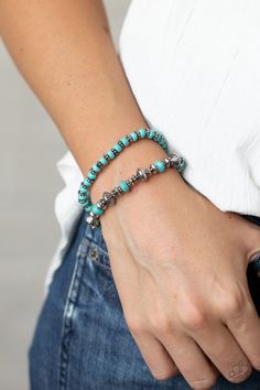 A mismatched assortment of turquoise stone beads and decorative silver beads are threaded along stretchy bands around the wrist, creating an earthy pair.

 Sold as one set two of bracelets. Blue Cactus, Easy Jewelry, Paparazzi Accessories, Chip Beads, Hammered Silver, Blue Bracelet, One Set, Blue Rings, Boutique Jewelry