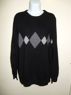 Please check out my store for more great designer deals! MEN'S beautiful black with gray argyle trim on the front sweater by AMERICAN BLUE.  Size L US (please, go by measurement), approximate measurements are: pit to pit 24", sleeves 23.5",shoulder 7", and length 27.5". Made out of 100% cashmere. This  sweater features crew neck, long sleeves. Gently worn. Good condition (no visible holes, stains, one very small tiny repair on the front - see last three pictures - not noticeable, not visible at Black Crew Neck Cashmere Sweater, Black Cashmere Crew Neck Sweater, Black Cashmere Sweater With Crew Neck, Black Long Sleeve Cashmere Sweatshirt, Black Cashmere Long Sleeve Sweatshirt, Classic Black Winter Sweatshirt, Classic Argyle Pattern Sweater For Fall, Black Argyle Pattern Tops For Fall, Black Argyle Crew Neck Sweater