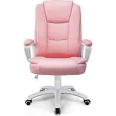 a pink office chair sitting on top of a white base with arms and feet extended