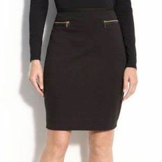 Calvin Klein Classic Zipper Pocketed Black Pencil Skirt Is The Perfect Marriage Of Professional Polish And Stylish Detail, Finished With Zippered Front Pockets. Knee Length Back Zipper Closure Zippered Pockets At Hip Workwear Skirt With Side Zipper For Fall, Black Zipper Skirt For Work, Black Skirt With Zipper Closure For Work, Fall Workwear Skirt With Side Zipper, Elegant Office Skirt With Zipper Closure, Office Pencil Skirt With Zipper Closure, Chic Workwear Pencil Skirt With Zipper Closure, Chic Pencil Skirt For Workwear, Chic Zipper Closure Pencil Skirt For Work