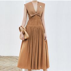 Helena Sleeveless Broad Collar Cocktail Dress - 2 Colors Dress Stands, Metal Brooch, Deep V Neck Dress, Elegant Attire, Pleated Maxi Dress, Pleated Maxi, Khaki Dress, Slim Dresses, Brown Dress