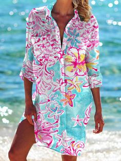 Floral Colorful Print Beach Shirt Dress Loose Shirt Dress, Resort Dress, Casual Beach Dress, Costume Intero, Old Lady, Girls Blouse, Beach Shirt, Island Vacation, Mini Shirt Dress