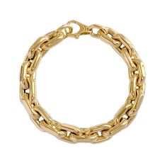 "This Italian handcrafted chain link bracelet is completely composed of 14K solid gold and is uniquely made with a semi-hollow interior for comfortable everyday wear that will not dent. This bracelet is available in different length options. * NOTE: Due to the thickness of these links we would strongly recommend that you increase the desired bracelet length by 1/2\" for a comfortable fit. ♦ Total Length: your choice of 7, 7.5, 8, 8.5 or 9 inches ♦ Link Dimensions: approximately 10.5mm (W) x 17mm Gold Oval Link Cable Chain Bracelet, Gold Plated Link Chain Bracelet With Polished Finish, Gold-plated Bracelet With Oval Cable Chain Links, Gold-plated Cable Chain Bracelet With Oval Links, Gold-tone Oval Link Bracelet With Polished Finish, Gold Oval Cable Chain Bracelet, Classic Gold Chain Bracelet With Rolo Chain, Gold Chain Bracelet With Polished Rectangular Links, Gold-plated Oval Link Bracelet