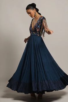 Shop for Sejal Kamdar Blue Gajji Silk Floral Yoke Embellished Gown for Women Online at Aza Fashions Blue Floral Embroidered Maxi Dress For Evening, Blue Anarkali Gown With Floral Embroidery, Blue Maxi Gown With Floral Embroidery, Formal Blue Gown With Floral Embroidery, Fitted Blue Gown With Floral Embroidery, Festive Floral Embroidered Gown For Gala, Fitted Floor-length Anarkali Evening Dress, Formal Blue Floor-length Lehenga, Gala Gown With Floral Embroidery Maxi Length