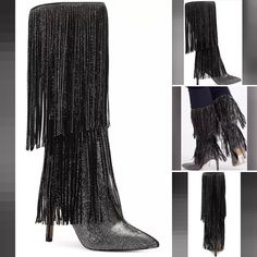 New With Tag In Original Box Inc International Concepts Ishani Fringe Boots Pointed Toe Half Zipper Closure Fringe At Calf Area All Around With Studding Details 3 1/2” Heel Cushion Insole Slip Resistant Outer Sole Color Black Bling Free Shipping With Firm Price $150 Chic Fringe Boots For Party, Black Round Toe Boots For Party Season, Pointed Toe Party Boots With Fringe, Party Boots With Fringe And Pointed Toe, Elegant Fringe Boots For Party, Elegant Fringe Party Boots, Black Party Boots For Party Season, Elegant Fringe Heels For Party, Black Party Boots