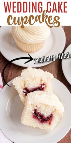 two cupcakes with white frosting and raspberry filling are on plates