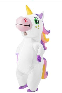 an inflatable unicorn is standing on its hind legs and has a rainbow horn