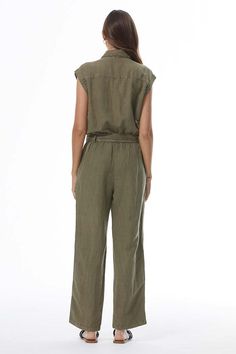 All-and-done styling.| Collared jumpsuit | Cap sleeve | Covered buttons | Flap chest pockets | Large hip pockets | Optional waist tie | Elasticized back | Crop wide leg| Linen blend fabrication| Available in seasonal colors | 55% Linen // 45% Rayon | Hand wash coldBorn on the streets of LA ♡ Jumpsuit Uniform, Collared Jumpsuit, Season Colors, Covered Buttons, Waist Tie, The Streets, Cap Sleeve, Chest Pocket, Cuba