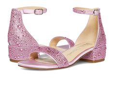 Betsey Johnson Kids Mari (Little Kid/Big Kid) - Women's Shoes : Pink : Take your kid's shoe collection to the next level with Betsey Johnson Kids Mari Heels. Fabric upper with stone ornamentation. Synthetic lining. Adjustable buckle strap closure. Round open toe heels in pink and champagne color. Synthetic outsole. Imported. Measurements: Heel height: 1.25 in. Weight of footwear is based on a single item, not a pair. Pink Block Heel Sandals For Prom, Pink Round Toe Sandals For Prom, Pink Ankle Strap Sandals For Prom, Open Toe Sandals With Buckle Closure For Prom, Prom Sandals With Buckle Closure And Open Toe, Pink Heel Strap Sandals For Prom, Pink Open Toe Sandals For Prom, Pink Embellished Synthetic Sandals, Pink Closed Toe Glamorous Sandals