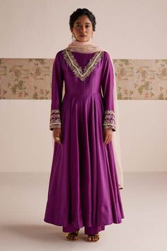 Buy Purple Chanderi Silk Embroidered Zardozi Round Bodice Anarkali Pant Set For Women by Esha Arora Online at Aza Fashions. Purple Anarkali, Silk Kurti Designs, Silk Kurti, Embroidered Bodice, Pant Set For Women, Luxury Sale, Modern Bride, Pant Set, Embroidered Silk