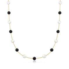 Ross-Simons - 6-7mm Cultured Pearl, Onyx Bead Station Necklace in 14kt Yellow Gold. 20". Our chic necklace displays a striking pattern of shimmery 6-7mm cultured freshwater pearls and 6-7mm round onyx beads, stationed along a glittering rope chain of 14kt yellow gold. Springring clasp, onyx and white pearl station necklace. Pearl birthstones are the perfect gift for June birthdays. Luxury Black Pearl Necklace With Round Beads, Elegant Black Jewelry With 8mm Beads, Elegant Onyx Jewelry With Polished Beads, Elegant Black Necklace With Polished Beads, Elegant Black Necklaces With Polished Beads, Elegant Black Polished Beads Necklace, Elegant Black Beaded Chain Jewelry, Classic Black Round Beaded Jewelry, Elegant Onyx Necklace With Polished Beads