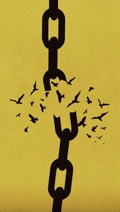 a chain with birds flying around it on a yellow and black background, in the foreground