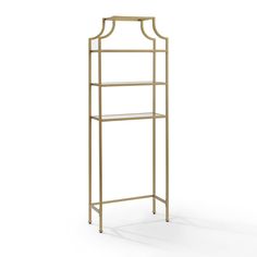 a gold metal shelf with two shelves