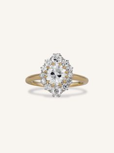 a yellow and white gold ring with an oval cut diamond surrounded by small round diamonds