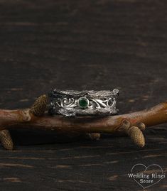 Vintage style tree band with emerald, Unique mens tree wedding band, Men's branch wedding ring, Mens emerald ring, Wide silver ring, Emerald ring ■ All wedding rings are only crafted with the finest of recycled metals DETAILS: Stone - 3mm Natural Emerald, weight approx. 0.10ct. Metal - Sterling Silver Dimensions - width 9mm (0.35 in.), Thickness - 1,7mm (0.066 in.) Finish - shiny and oxidize Please choose your ring size and gems in menu while making your order ■ CUSTOM OPTIONS - SIZES AVAILABLE: Wedding Ring Drawing, Mens Tree, Branch Wedding Ring, Mens Emerald Rings, Emerald Band, Wide Silver Ring, Emerald Ring Vintage, Emerald Wedding Rings, Emerald Wedding