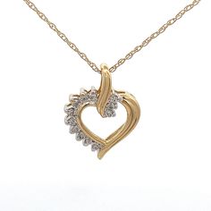 "Fancy Fluted Diamond Heart Pendant Necklace Charm -  Solid 14k Gold with Natural Diamonds  on 18\" Chain  -ET2010 Sparkly Diamond Heart - made from solid 14k yellow gold.  Complete with 18\" chain. Metal Content: Solid 14K Yellow Gold Gemstone: 12 Natural Genuine Round Brilliant Diamonds Carat: 0.16 ctw Clarity: SI2 Color: G/H Pendant Measurements Drop Length including the bail:  13/16\" (20mm) Width:  9/16\" (15mm) Bail opening: approximately 3mm x 2mm Includes 18\" 14k gold chain with spring ring clasp. Weight:  2.86 Grams Stamps: 14k Condition: Excellent estate condition Each piece is thoroughly examined and refinished as needed by our professional jewelers, tested to guarantee metal content,  graded by our in-house GIA (Gemological Institute of America) Graduate Gemologist, and inspec Fine Jewelry Necklace With Diamond Accents, Yellow Gold Heart Pendant Necklace With Diamonds, Valentine's Day Heart Pendant Necklace With Diamond Accents, Valentine's Day Fine Jewelry Necklace, Fine Jewelry Heart Pendant Necklace With Diamond Accents, Gold Diamond Accented Heart-shaped Necklace, Gold Heart-shaped Diamond Necklace With Accents, Heart-shaped Yellow Gold Necklace With Diamond Accents, Yellow Gold Double Heart Necklace With 17 Jewels