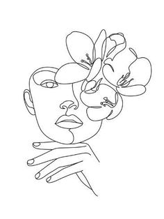 a line drawing of a woman's face with flowers in her hair and hands