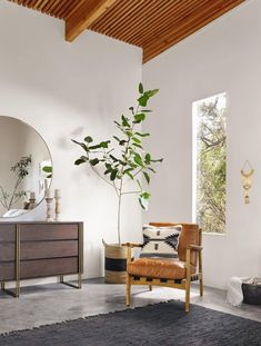 a living room with a chair, mirror and potted plant