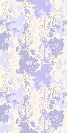 a purple and white floral wallpaper with trees on the right side, in shades of lavender